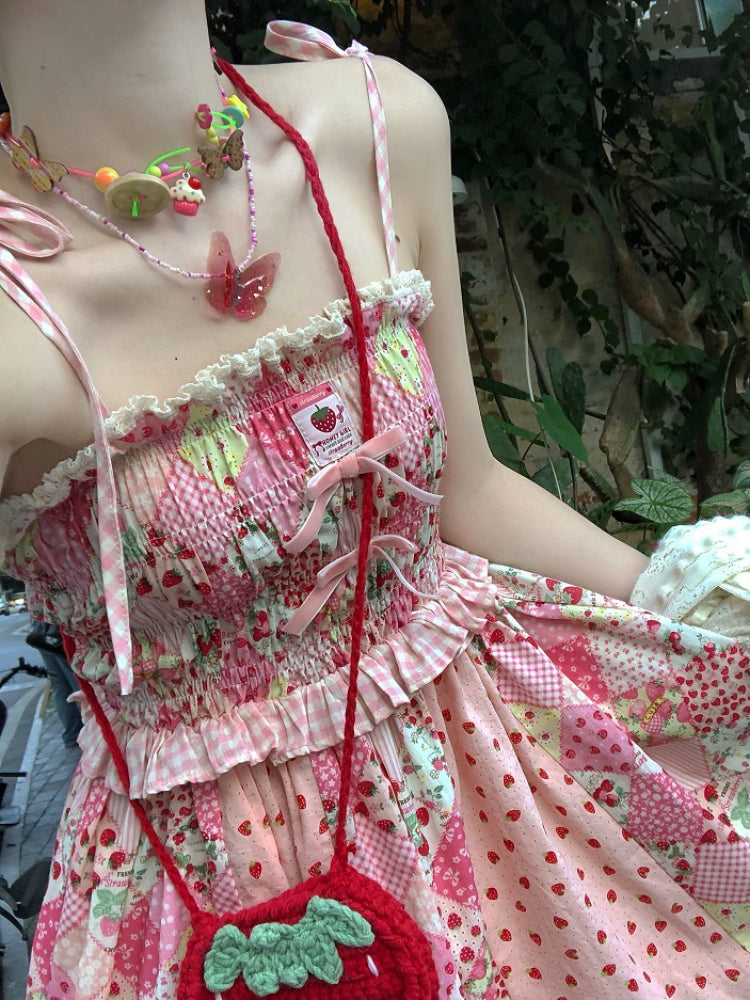 Strawberry Heartbeat Patchwork Slip Dresses-ntbhshop