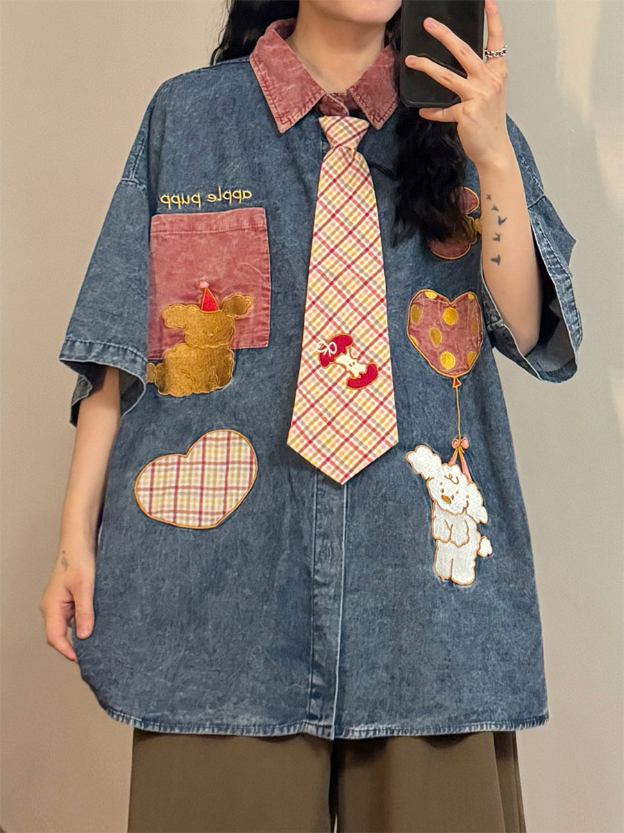 Apple Patchwork Denim Tie Shirts-Tops-ntbhshop