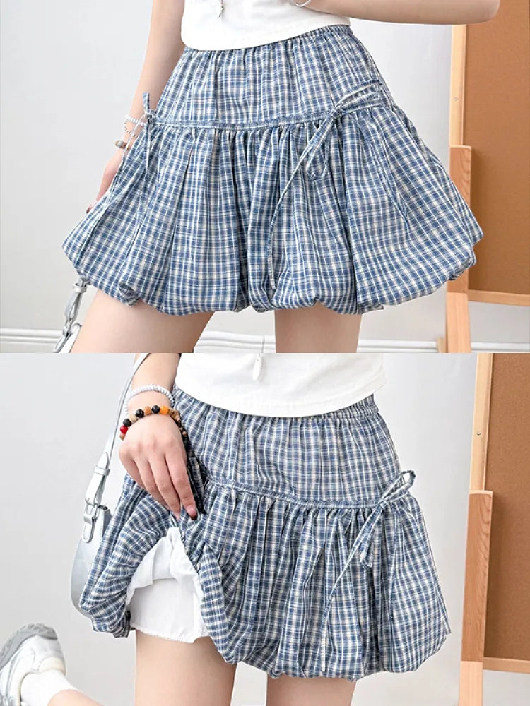 Ivy Bloom Plaid Bow Bubble Skirts-ntbhshop