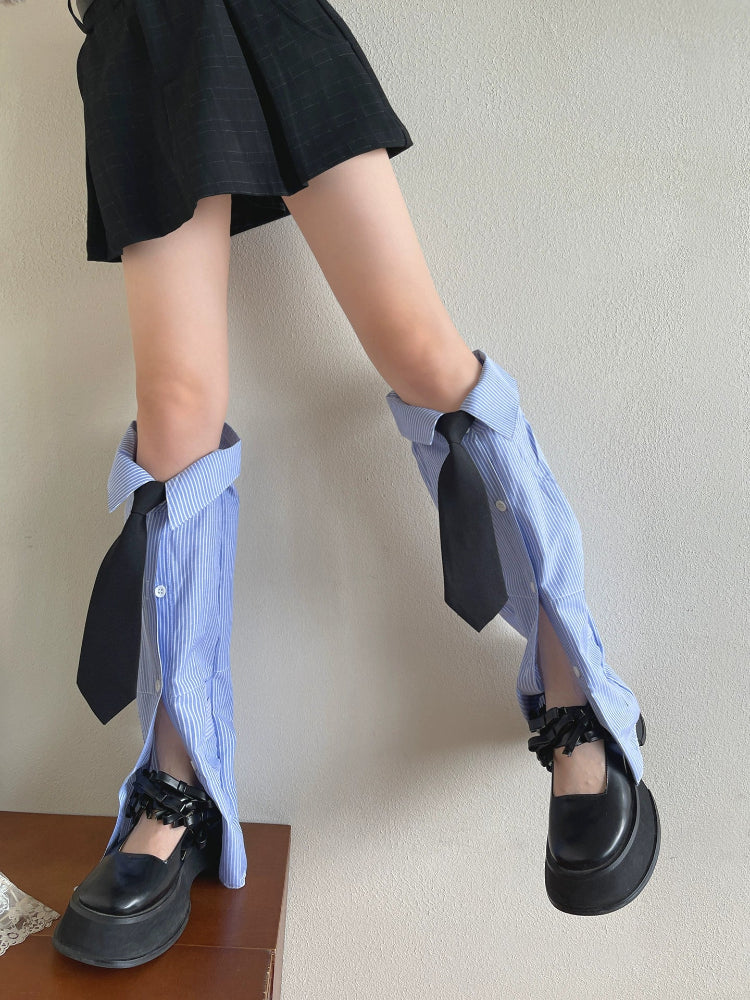 Striped Tie Collar Button Up Leg Sleeves-ntbhshop