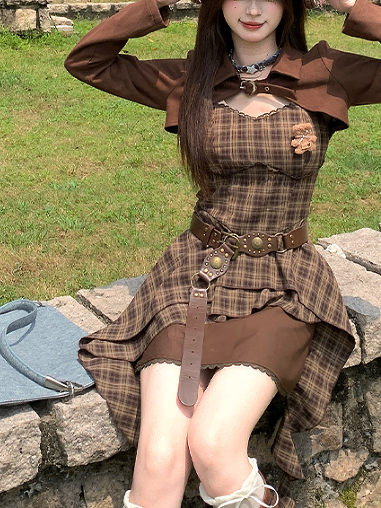 Cappuccino Crop Jacket & Plaid Dress-ntbhshop