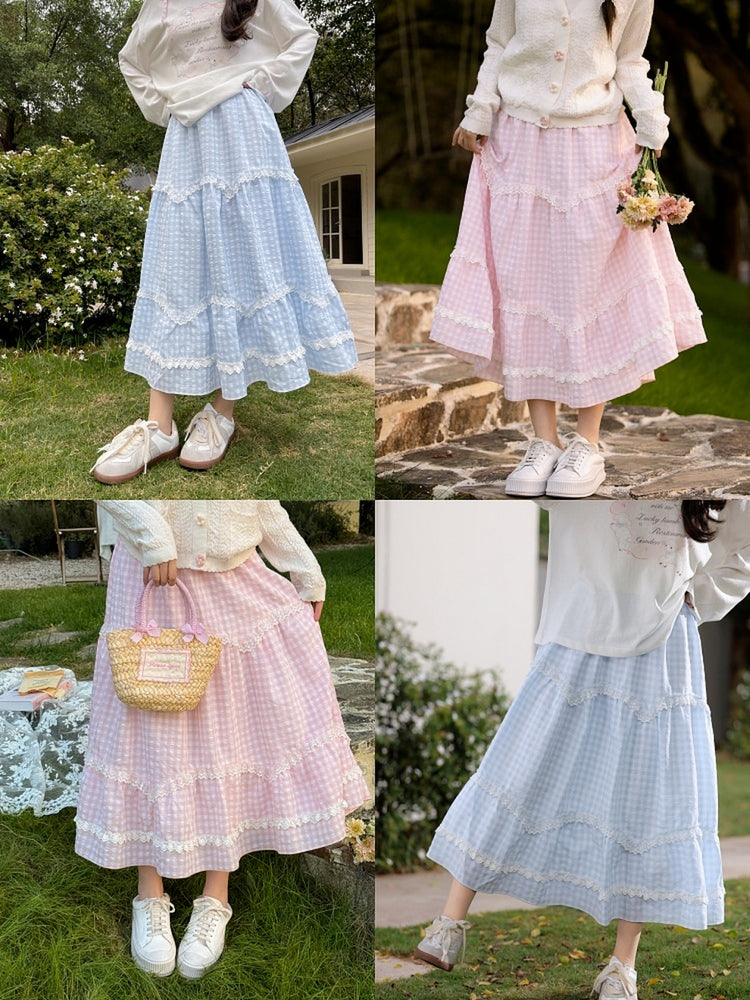 Blush Gingham Lace Skirts-Bottoms-ntbhshop