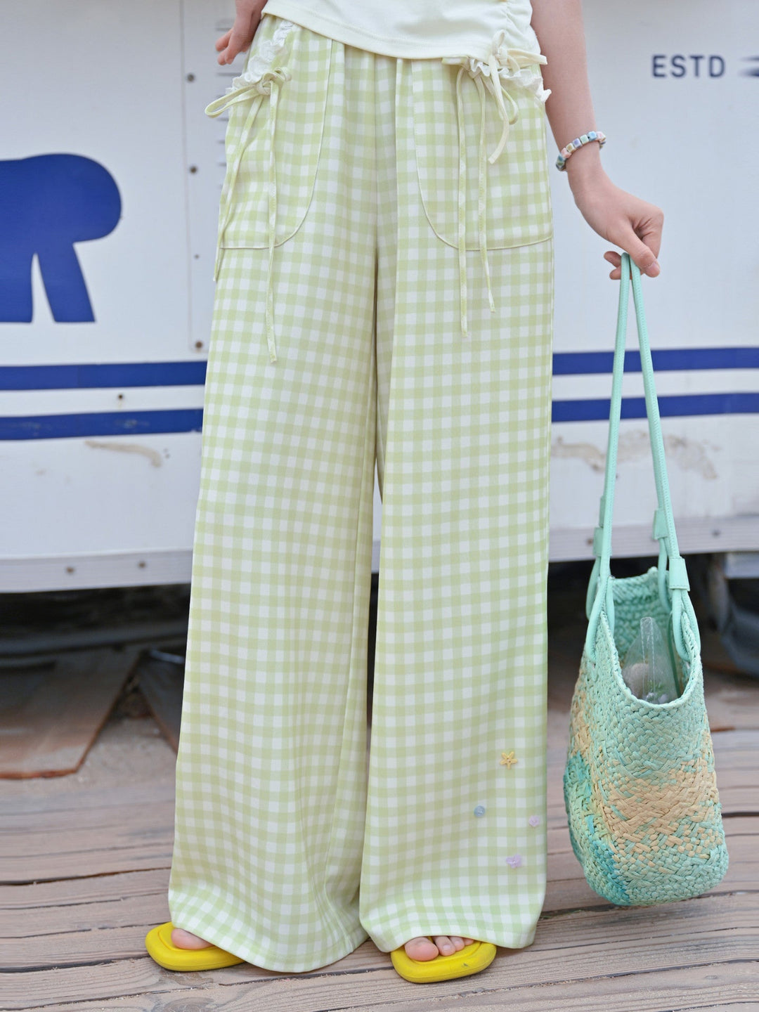 Matcha Gingham Wide Leg Pants-Bottoms-ntbhshop