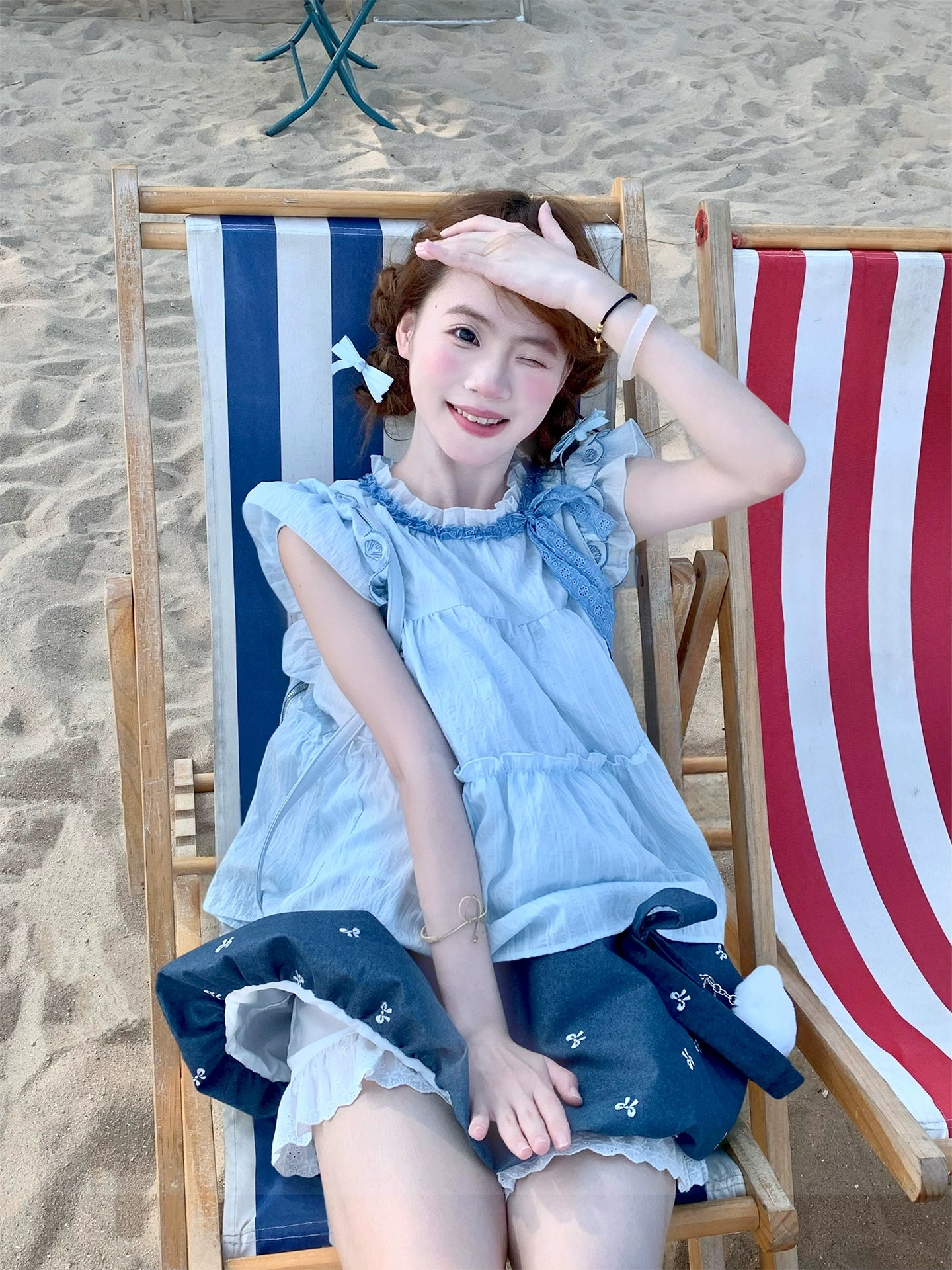 Ocean Whisper Fairy Sleeve Blouse, Dress & Denim Skirt-ntbhshop