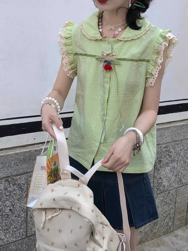 Cherry Pop Fairy Sleeve Gingham Blouses-ntbhshop