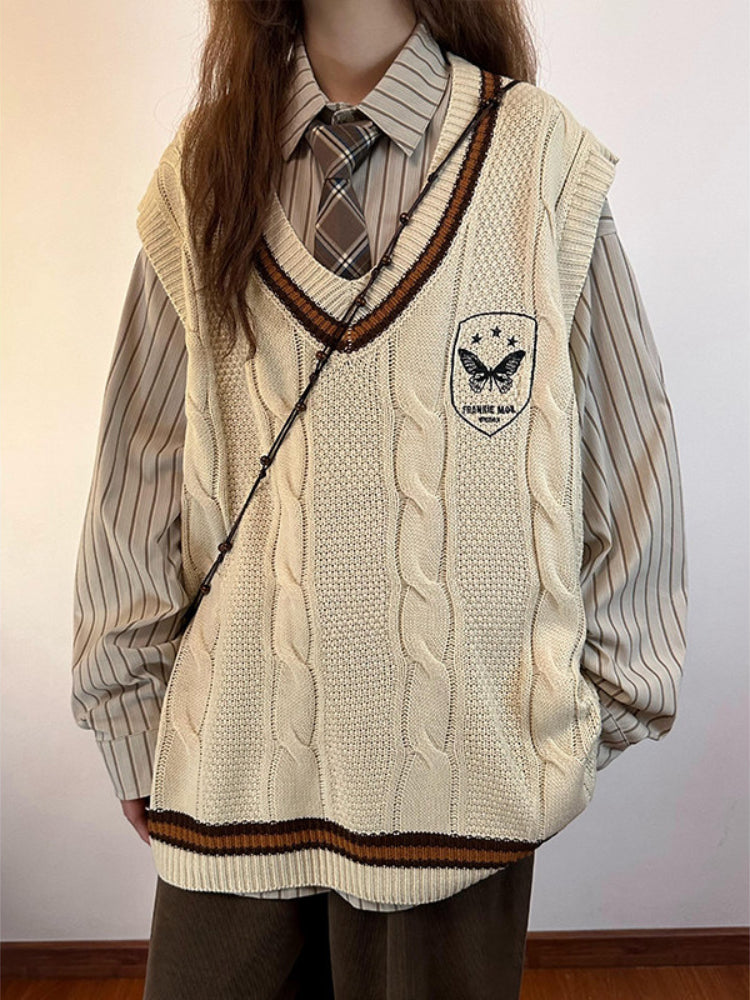 Butterfly Crest Cable Knit Vests-Tops-ntbhshop