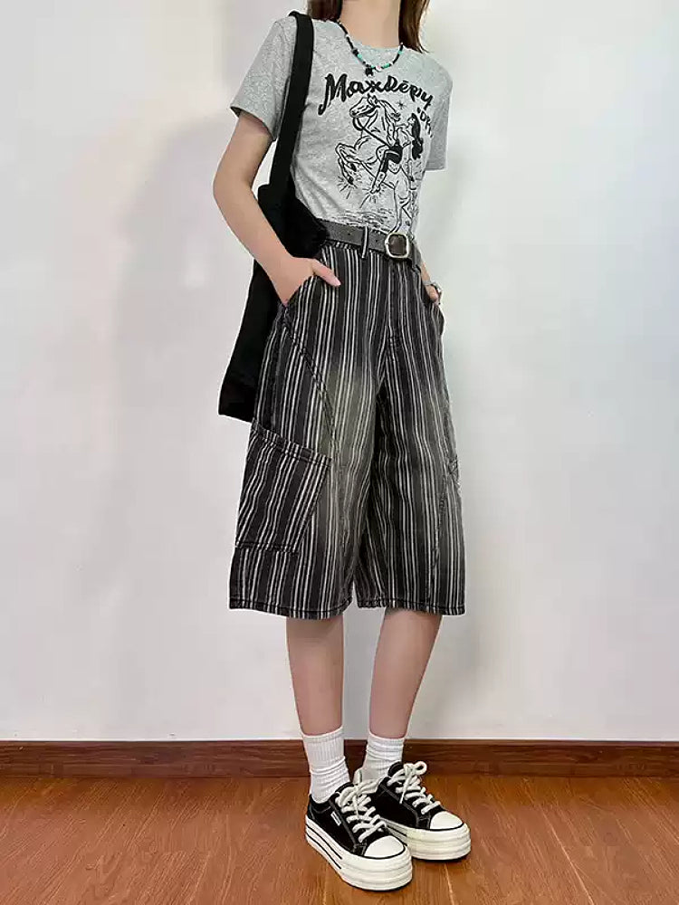 Dusty Ink Stripe Denim Shorts-Bottoms-ntbhshop