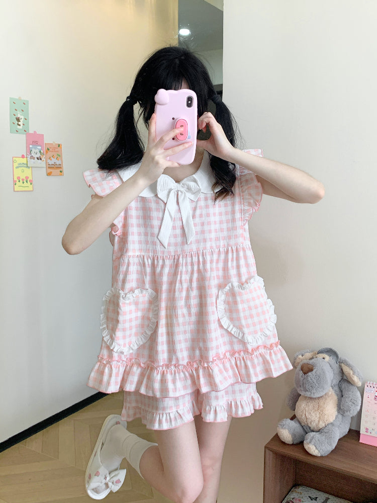 Peachy Gingham Night Fairy Sleeve Pajamas Set-ntbhshop