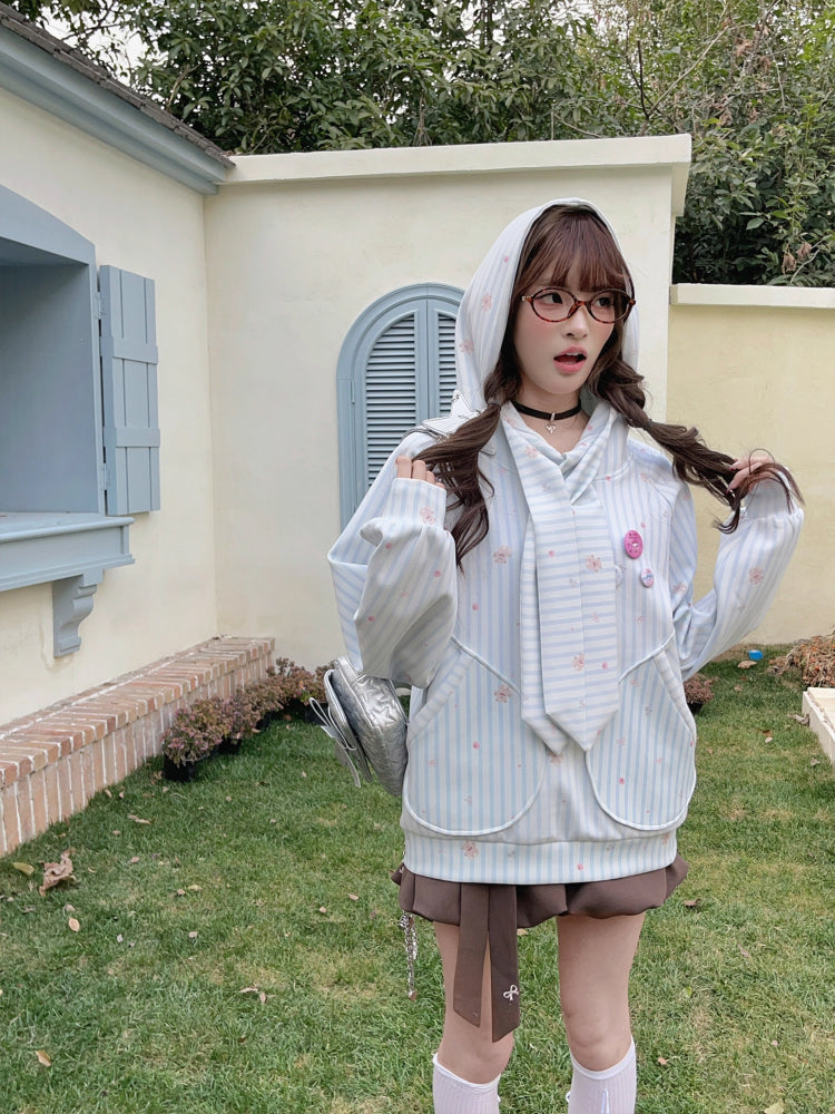 Bunny Ear Stripe Raglan Hoodie-ntbhshop