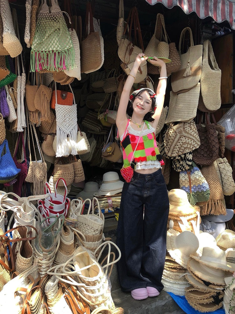 Candy Patch Checkered Flower Knit Vests-ntbhshop