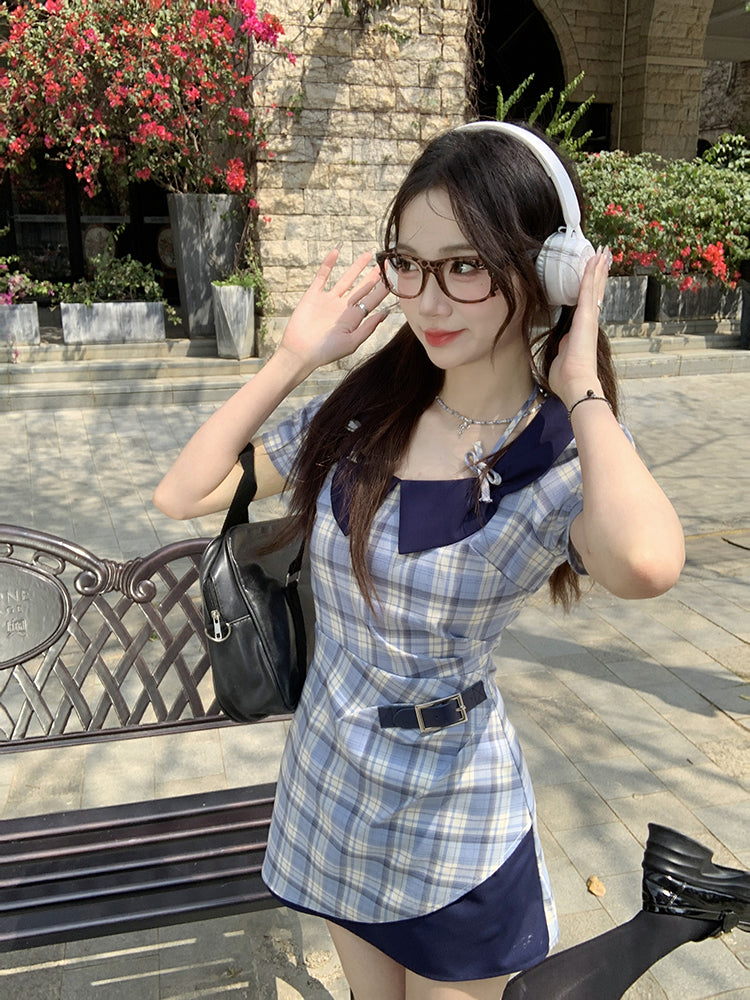 Navy Daydream Retro Plaid Dresses-ntbhshop