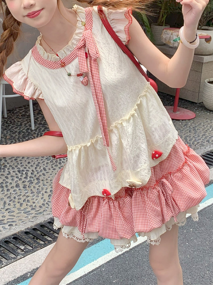 Mushroom Homie Fairy Sleeve Blouse & Plaid Puff Skirt-ntbhshop