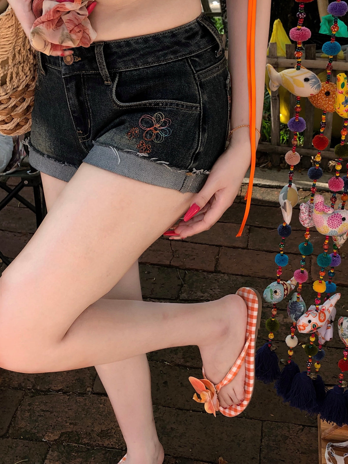 Daisy Pop Denim Shorts-Bottoms-ntbhshop