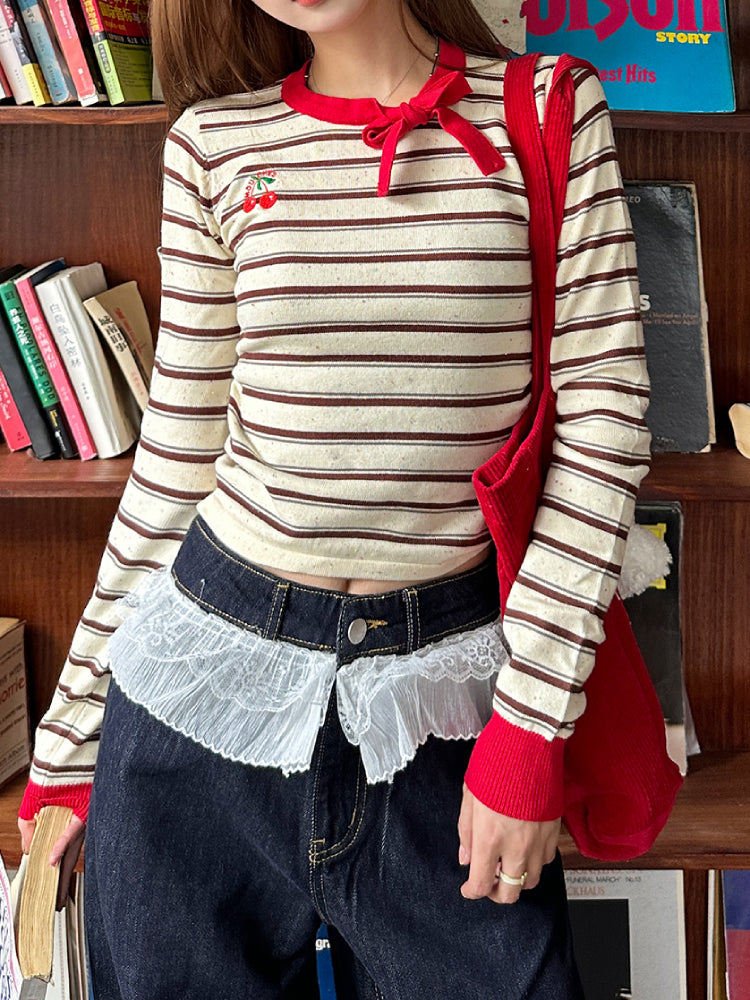 Cherry Cherry Stripe Slim Knit Tops-ntbhshop