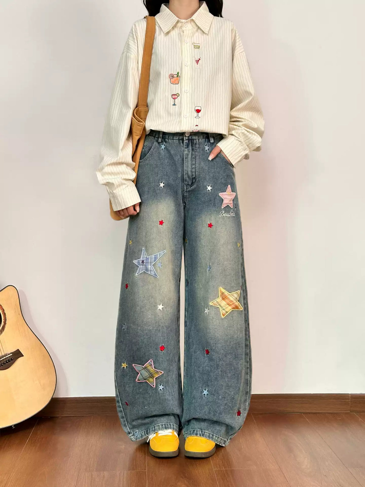 Stargazer Patch Wide Leg Jeans-Bottoms-ntbhshop