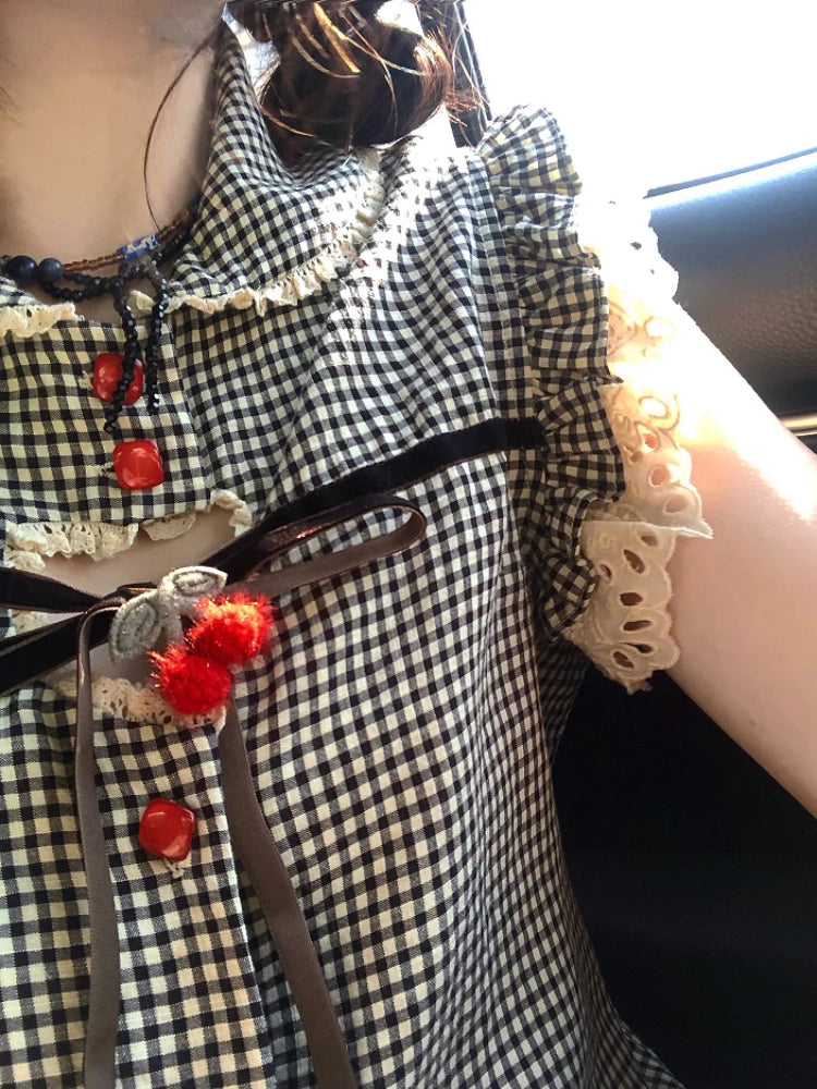 Cherry Pop Fairy Sleeve Gingham Blouses-ntbhshop