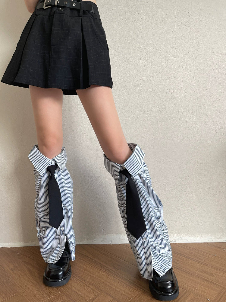 Striped Tie Collar Button Up Leg Sleeves-ntbhshop