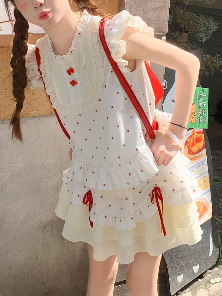 Red Petal Fairy Sleeve Blouse & Cake Skirt-ntbhshop