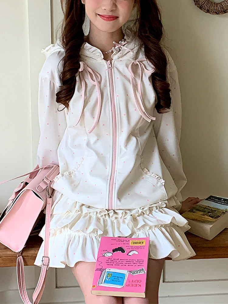 Berry Milkshake Dot Hooded Jacket & Cake Skirt-ntbhshop