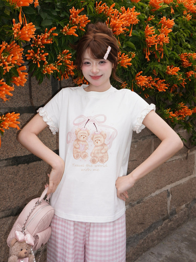 Cherry Ribbon Bear Cotton Tee-Tops-ntbhshop