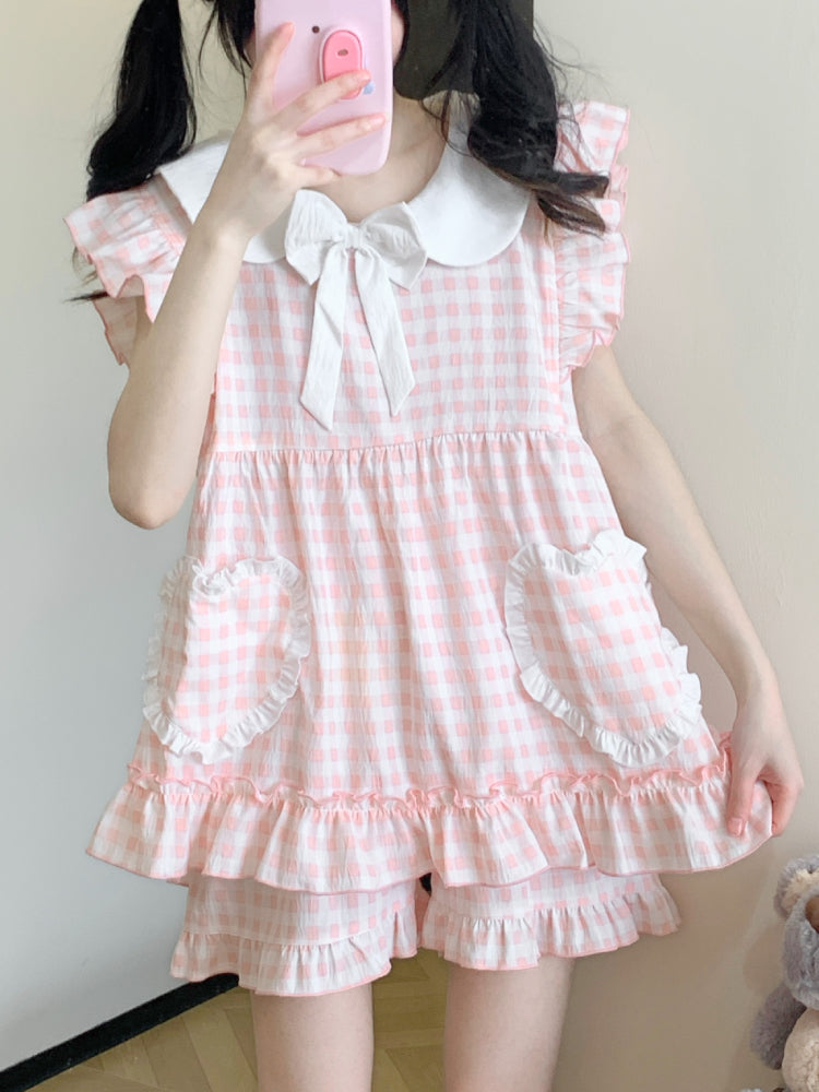 Peachy Gingham Night Fairy Sleeve Pajamas Set-ntbhshop