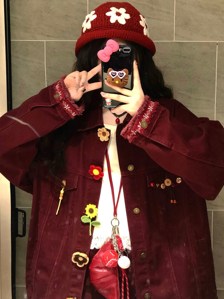 Crochet Bloom Button Denim Jackets-ntbhshop