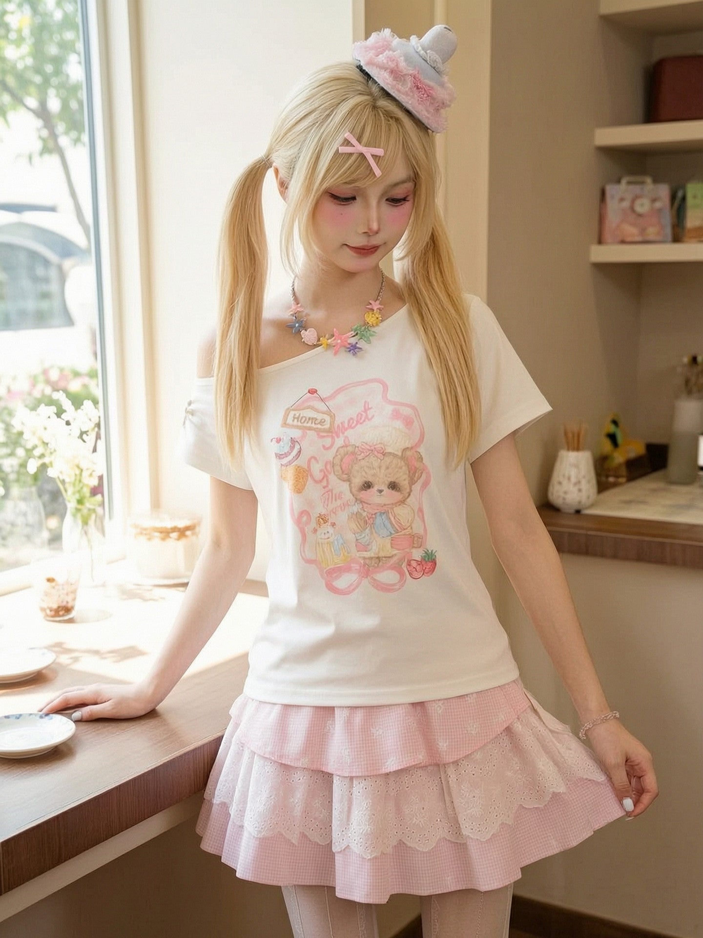 Bakery Bear Off-Shoulder Tee-Tops-ntbhshop