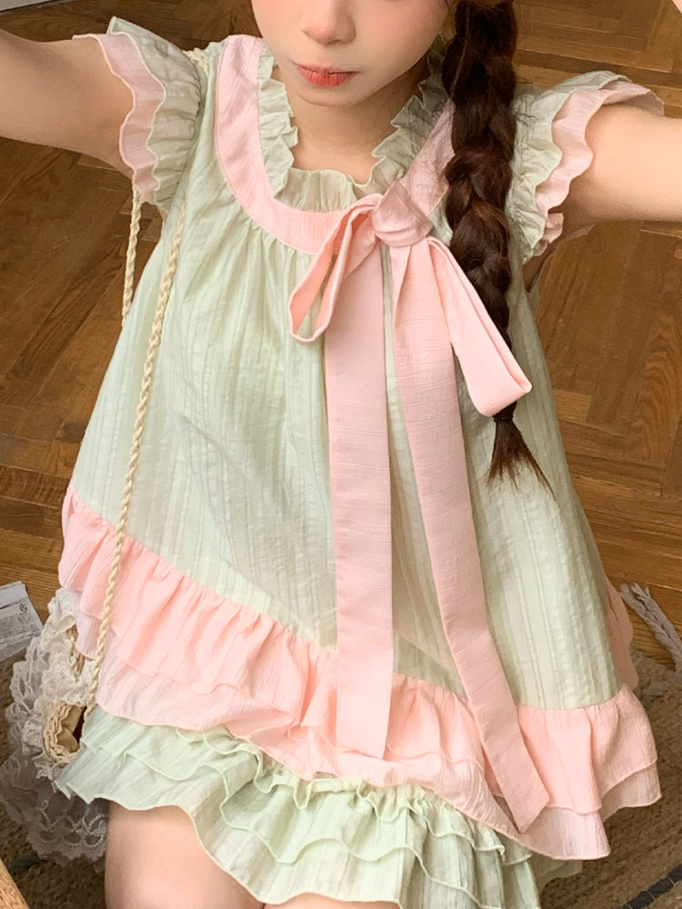 Matcha Sakura Fairy Sleeve Blouse & Cake Skirt-ntbhshop