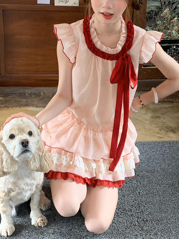 Watermelon Splash Fairy Sleeve Blouse & Cake Skirt-ntbhshop