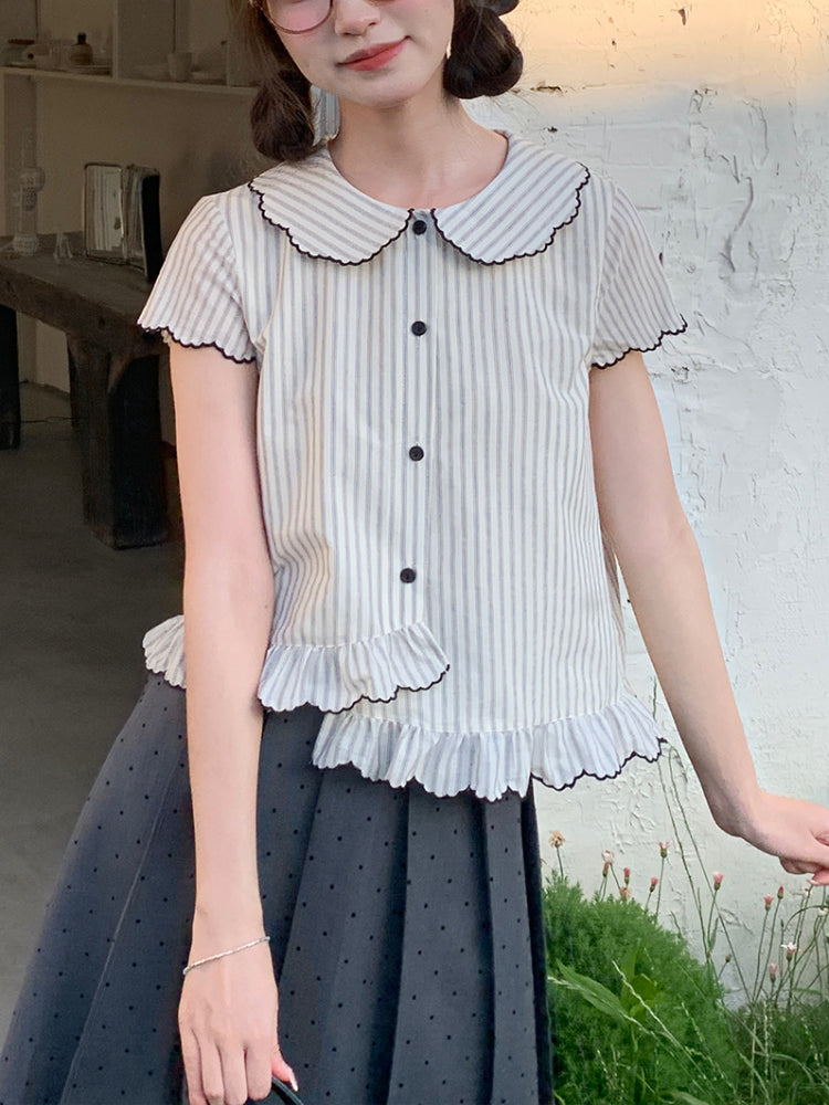 Vintage Prep Doll Collar Blouse & Skirt-Sets-ntbhshop