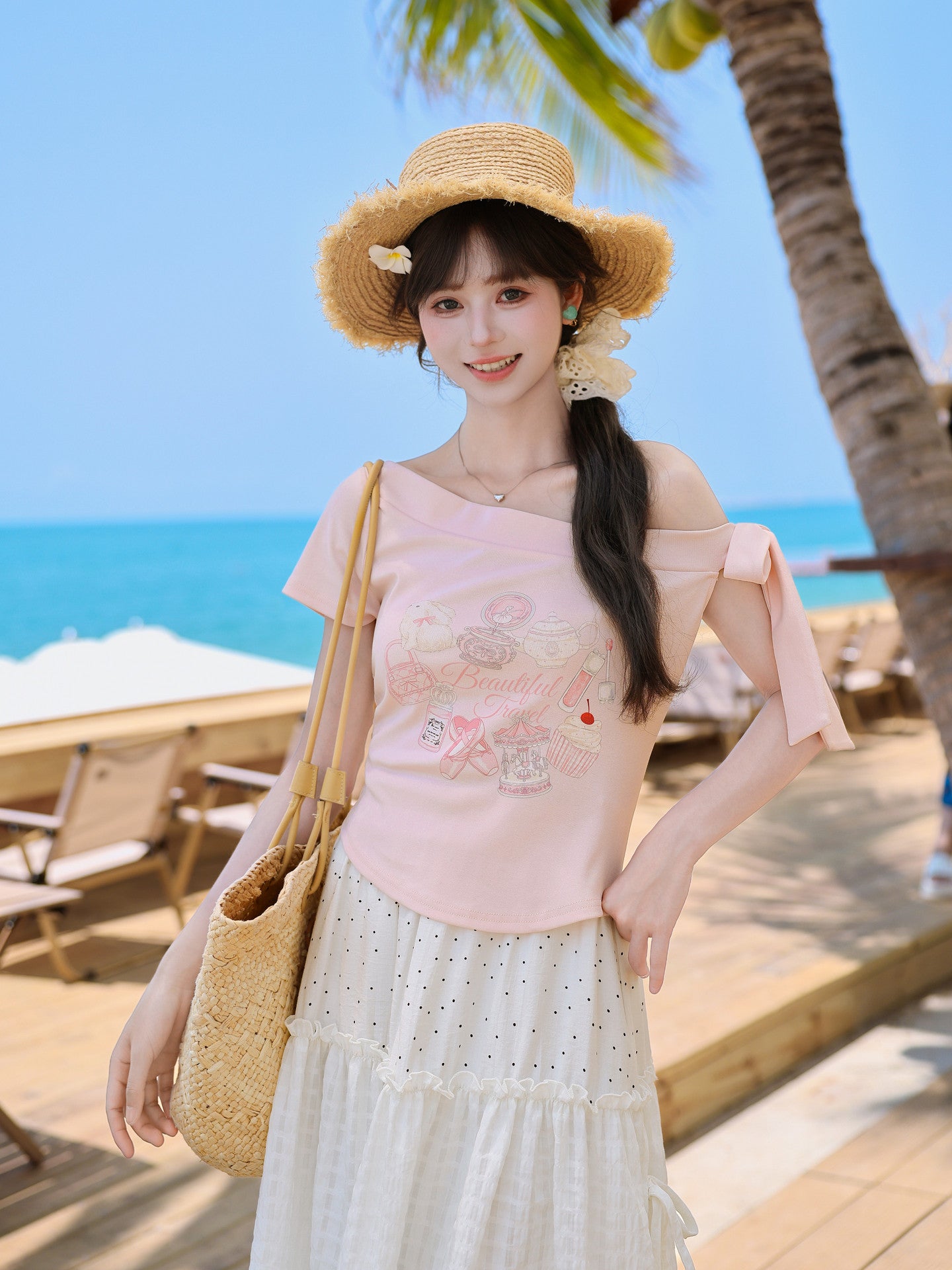 Macaron Travel Off-Shoulder Tee-Tops-ntbhshop