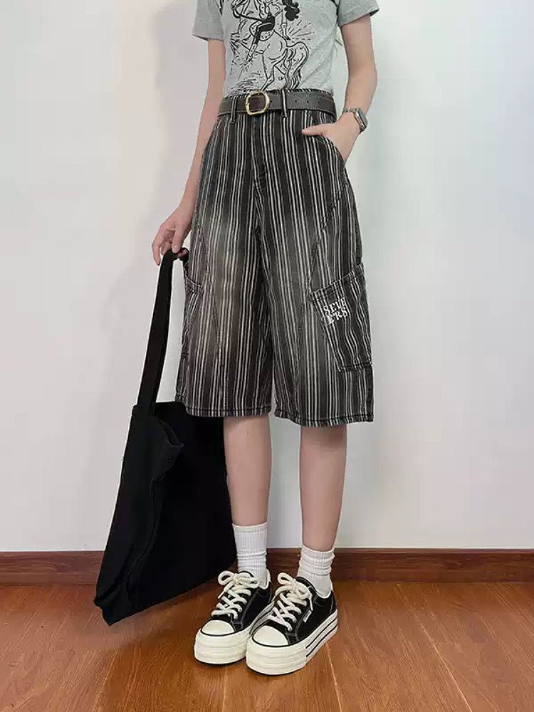 Dusty Ink Stripe Denim Shorts-Bottoms-ntbhshop