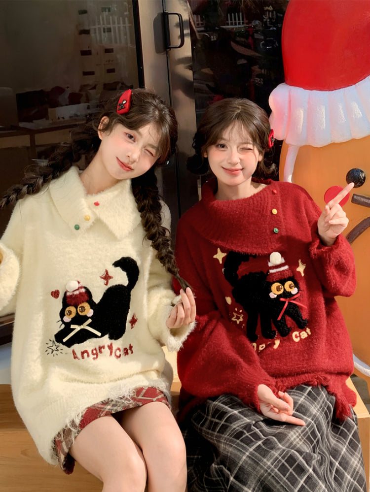 Angry Cat Whimsy Christmas Knit Sweaters-ntbhshop