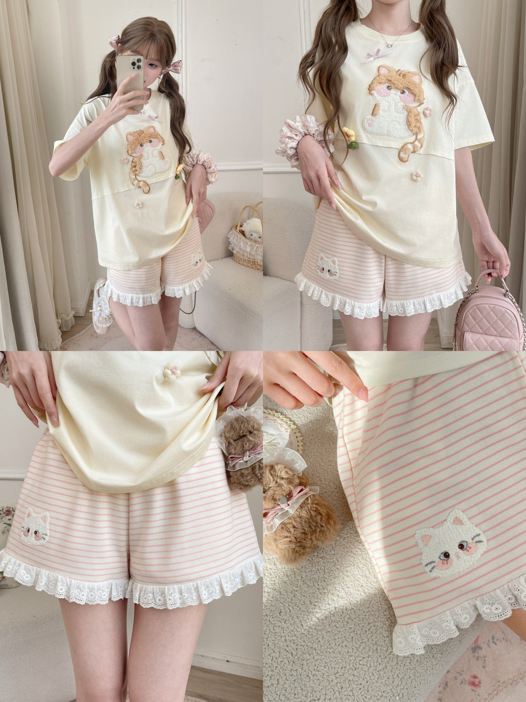 Kitty Stripe Lounge Shorts-Bottoms-ntbhshop