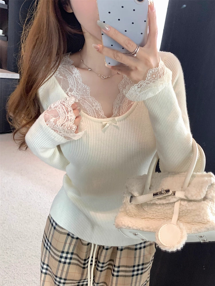 Coquette Lace Long Sleeve Knit Tops-ntbhshop
