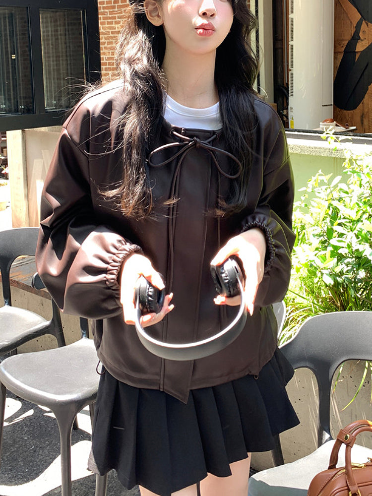 Soft Rebel Bow Leather Crop Jacket-ntbhshop