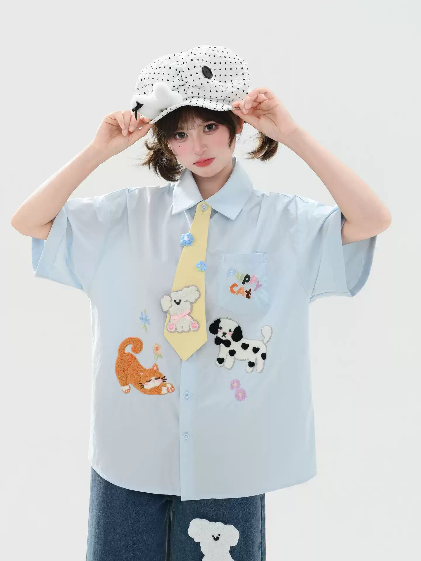 Puppy Party Cotton Tie Shirts-Tops-ntbhshop