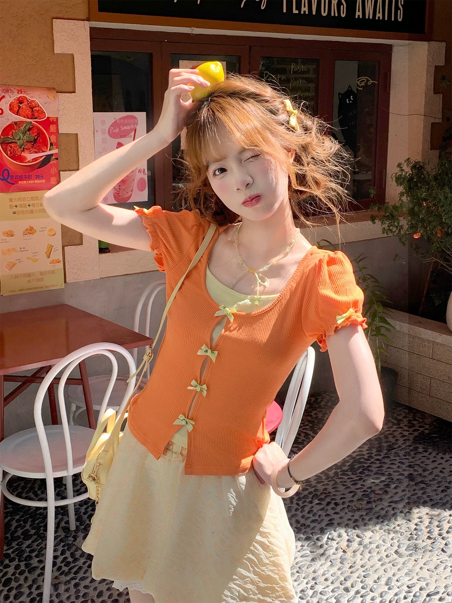 Citrus Pop Ribbed Puff Top & Bubble Texture Skirt-ntbhshop