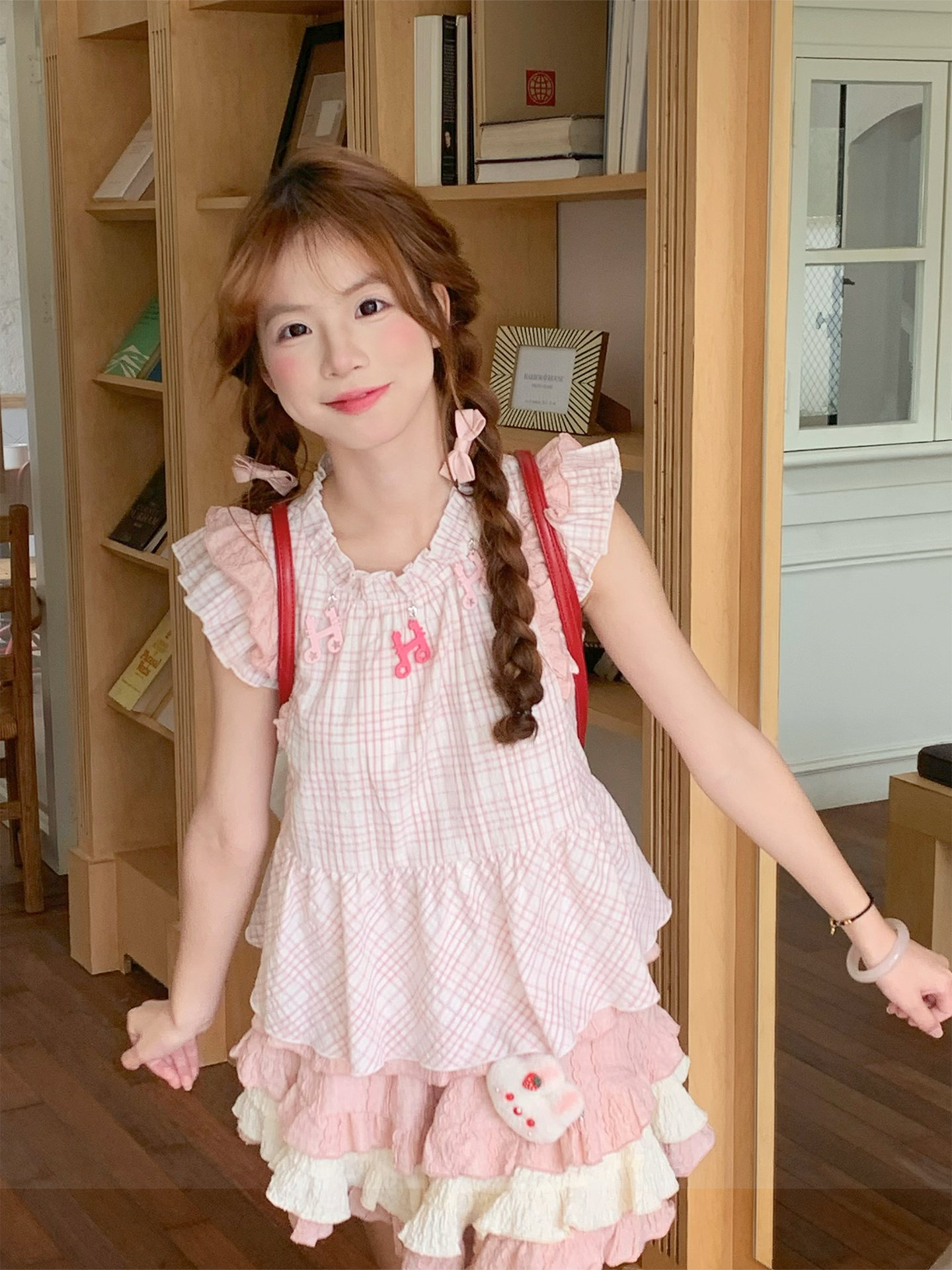 Peach Bubble Fairy Sleeve Plaid Top & Layer Cake Skirt-ntbhshop