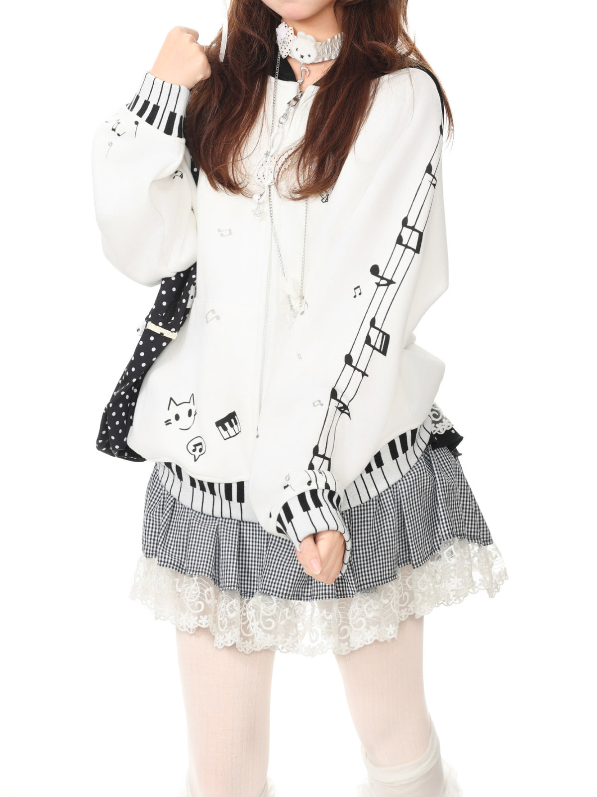 Piano Kitty Knit Hoodies-Outerwear-ntbhshop