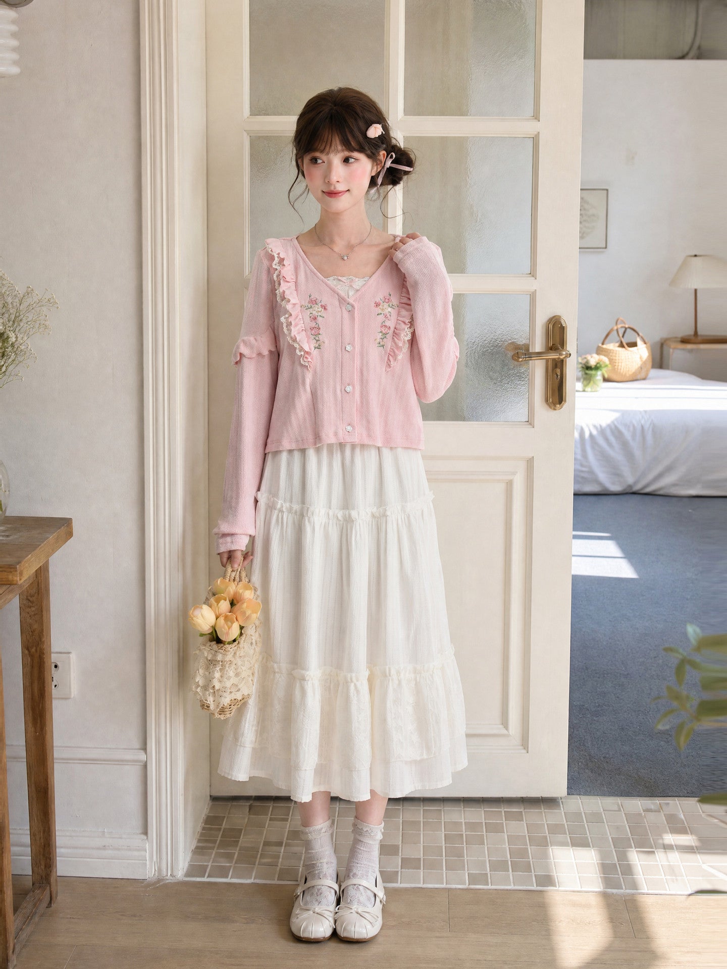 Rosy Bloom Ruffle Cardigan-Outerwear-ntbhshop
