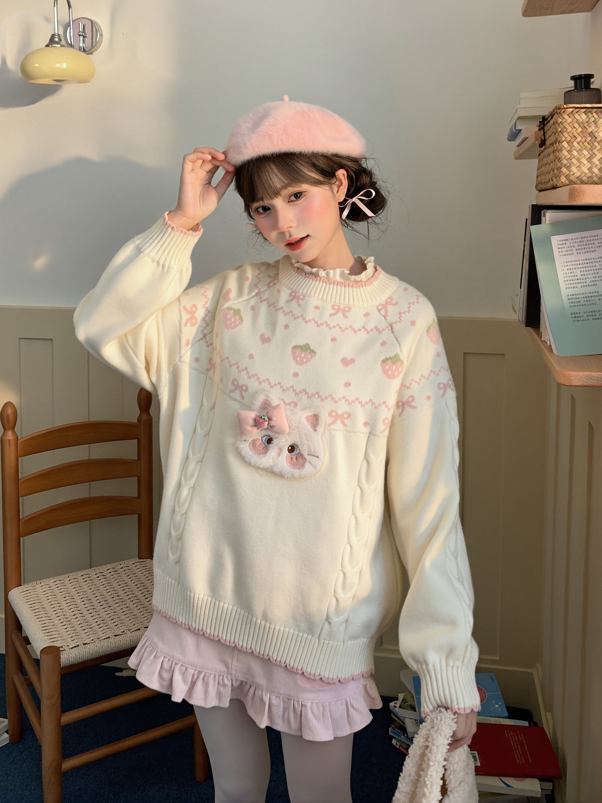 Strawberry Kitty Knit Sweater-ntbhshop