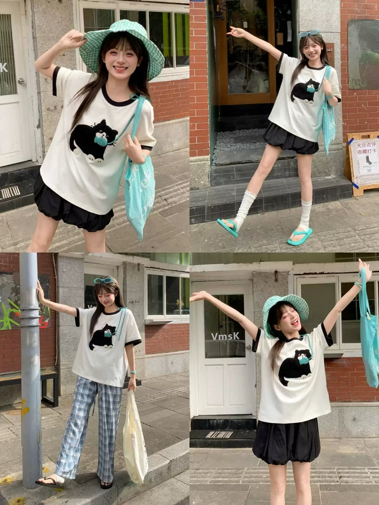 Milk Cat Ribbon Tee-Tops-ntbhshop