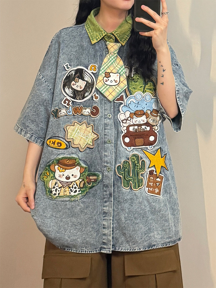 Kitty Patch Denim Tie Shirts-Tops-ntbhshop