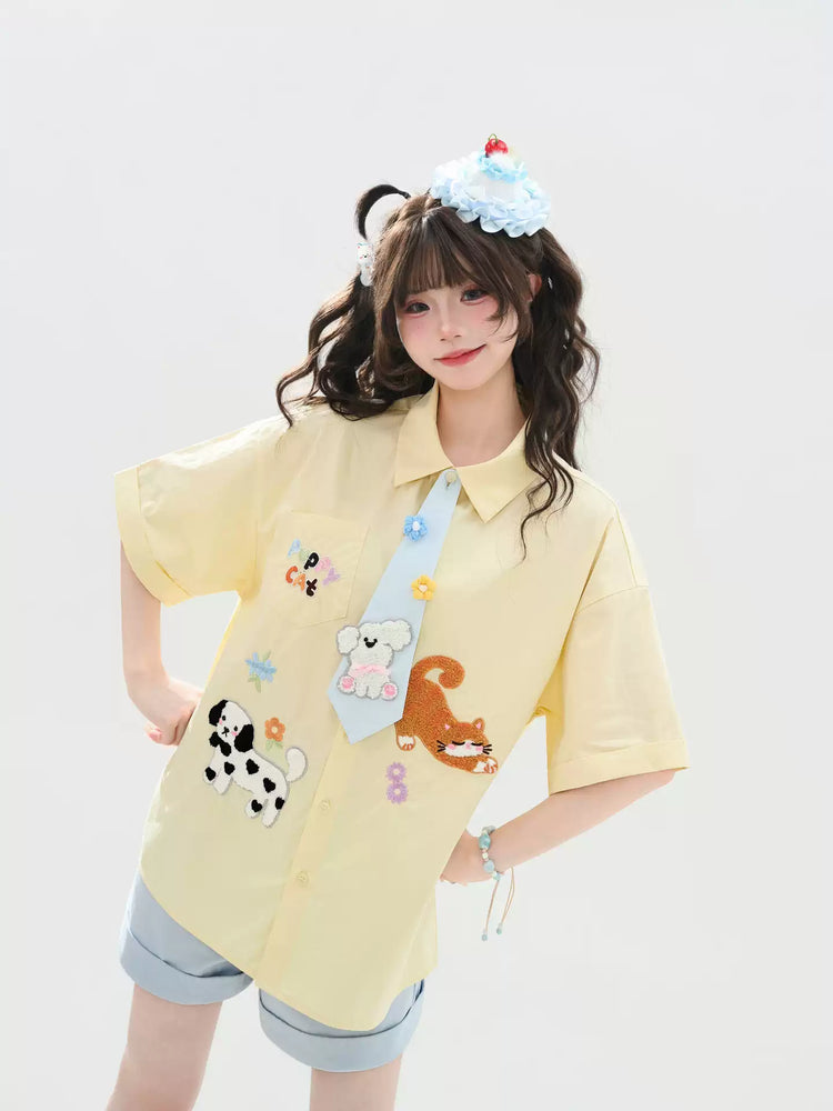 Puppy Party Cotton Tie Shirts-Tops-ntbhshop