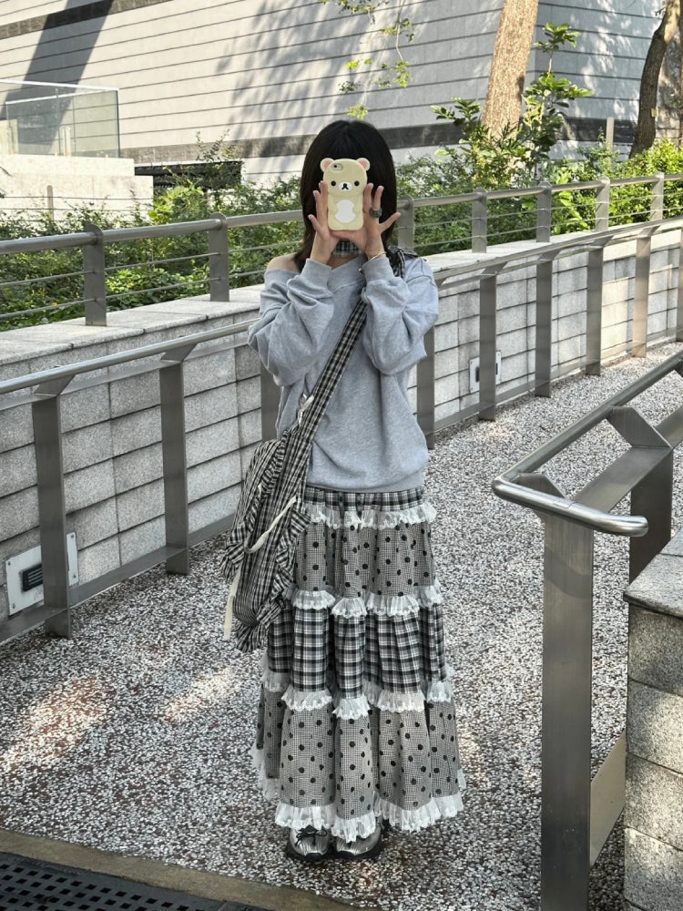 Black Sesame Plaid Lace Maxi Skirt-ntbhshop