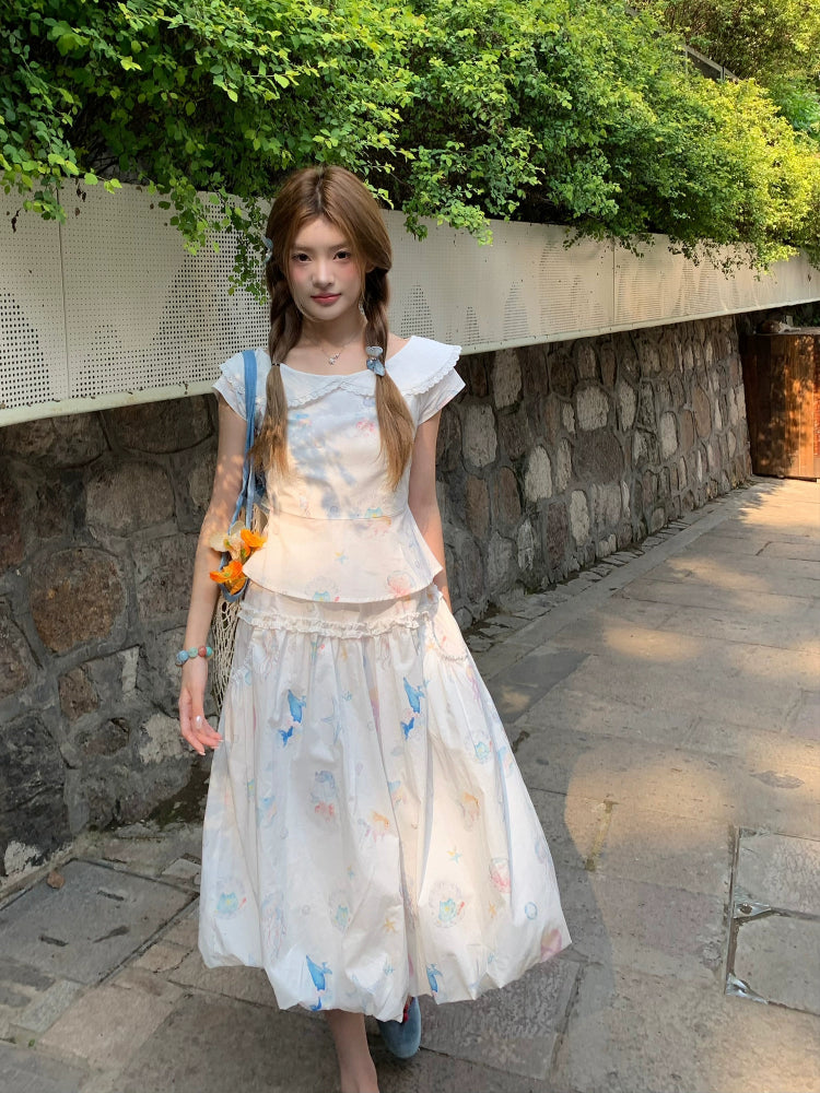 Dream Sea Pearl Peplum Top & Bubble Skirt Set-ntbhshop