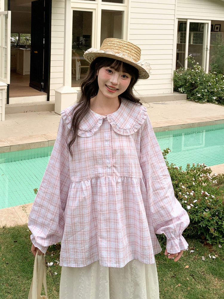 Blush Cloud Plaid Babydoll Blouse-Tops-ntbhshop
