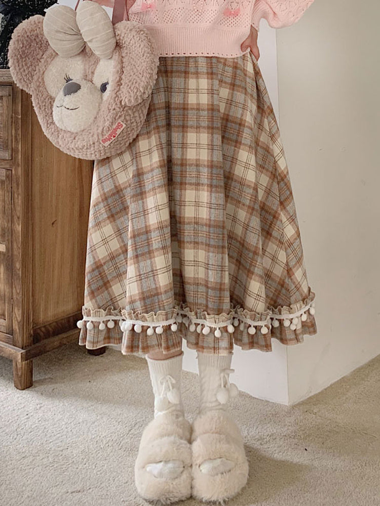 Autumn Plaid Pompom Midi Skirt-ntbhshop