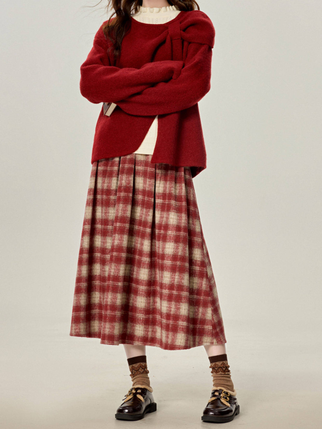Crimson Archive Knit Cardigan, Tops & Midi Skirt-Sets-ntbhshop